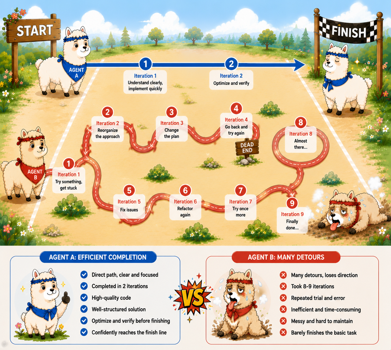 Two agents race to the same finish line: one takes a direct two-iteration path; the other wanders through nine iterations with dead ends and detours before finishing.